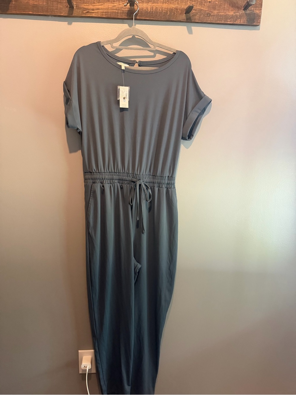 Maurices Slate Gray Short-Sleeve Drawstring Jumpsuit